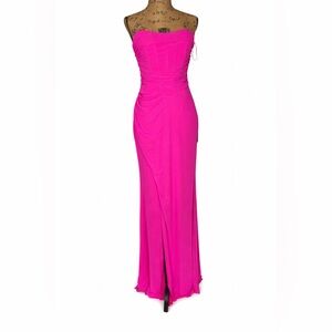 Lulus Hot Pink Strapless Ruched Maxi Dress Slit NWT Size L Formal Party